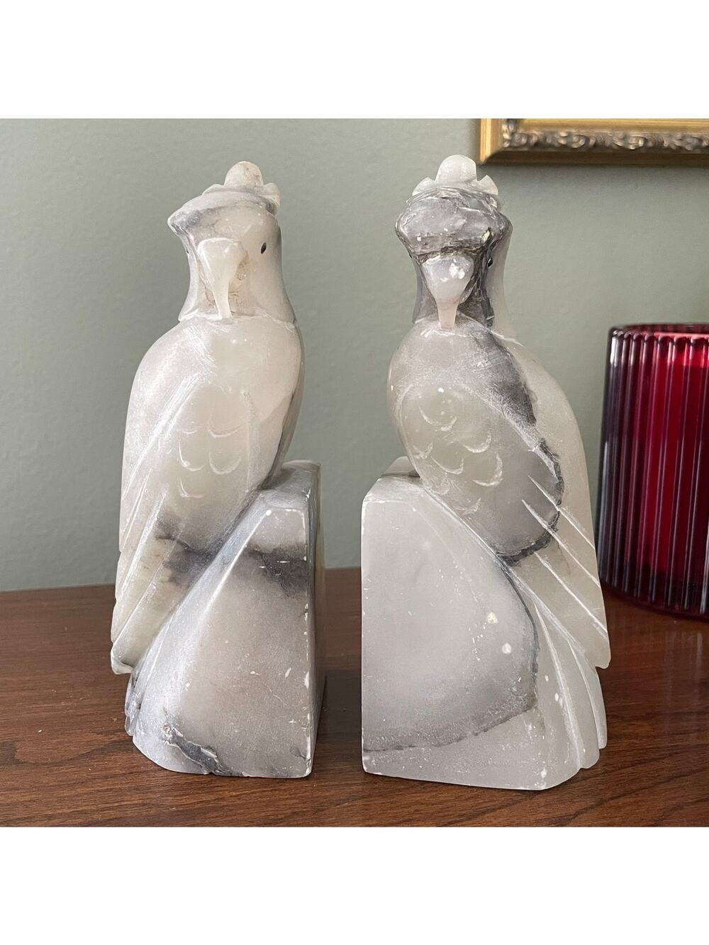 Vintage Carved Alabaster Cockatoo Bookends | Figural Stone Bird Pair